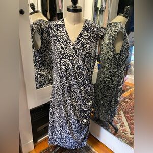 Chaps Dark Navy and White Faux Wrap Floral Midi Dress, Side Ruching, Size XL